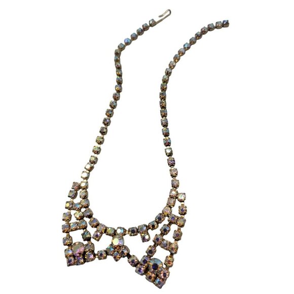 Aurora Borealis Rhinestone Necklace 14" Vintage Irridescent Glowing Chain - Picture 9 of 14
